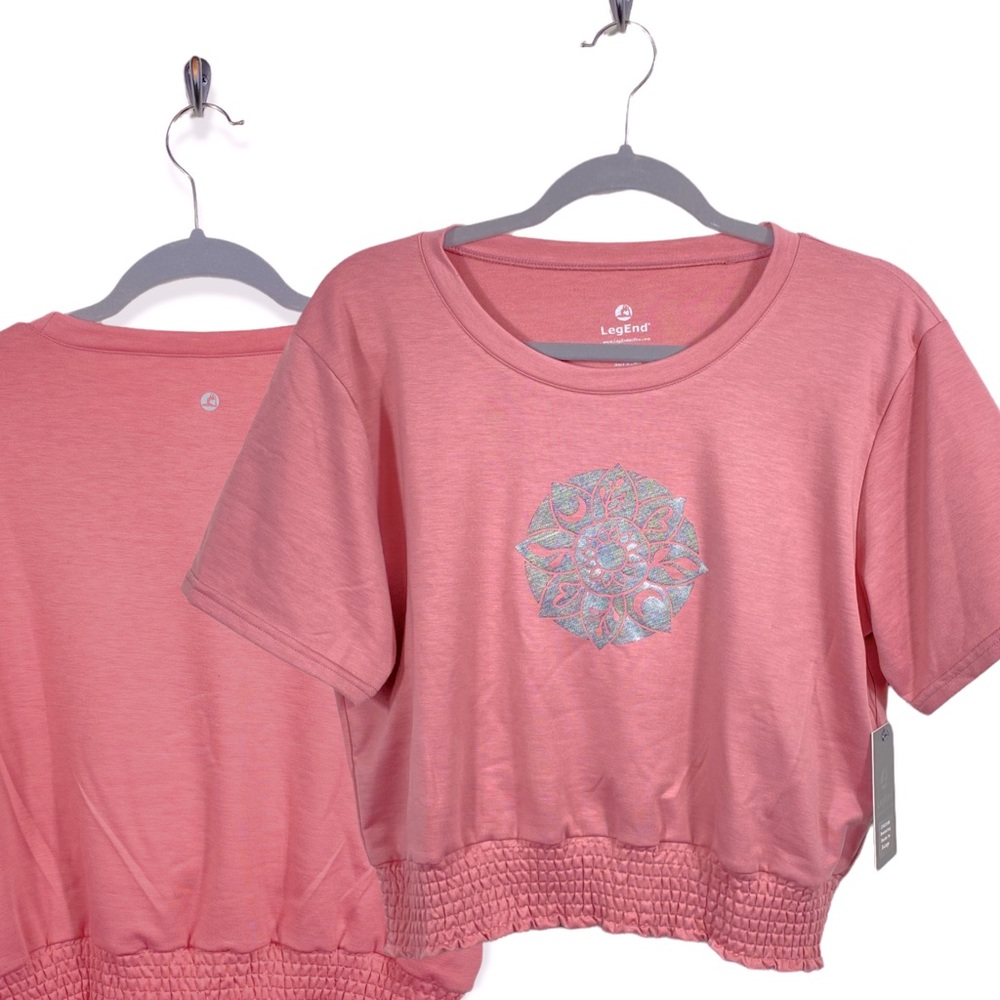 LegEnd womens top dusty rose XL smocked drop shoulder s/s crystalline workout